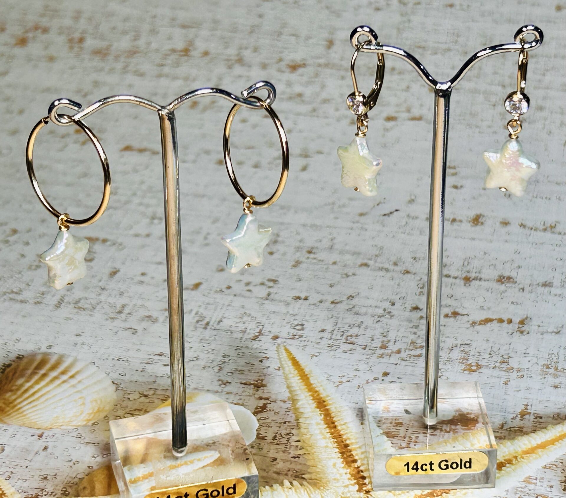 White Pearl Star Gold Filled Hoops - Image 2