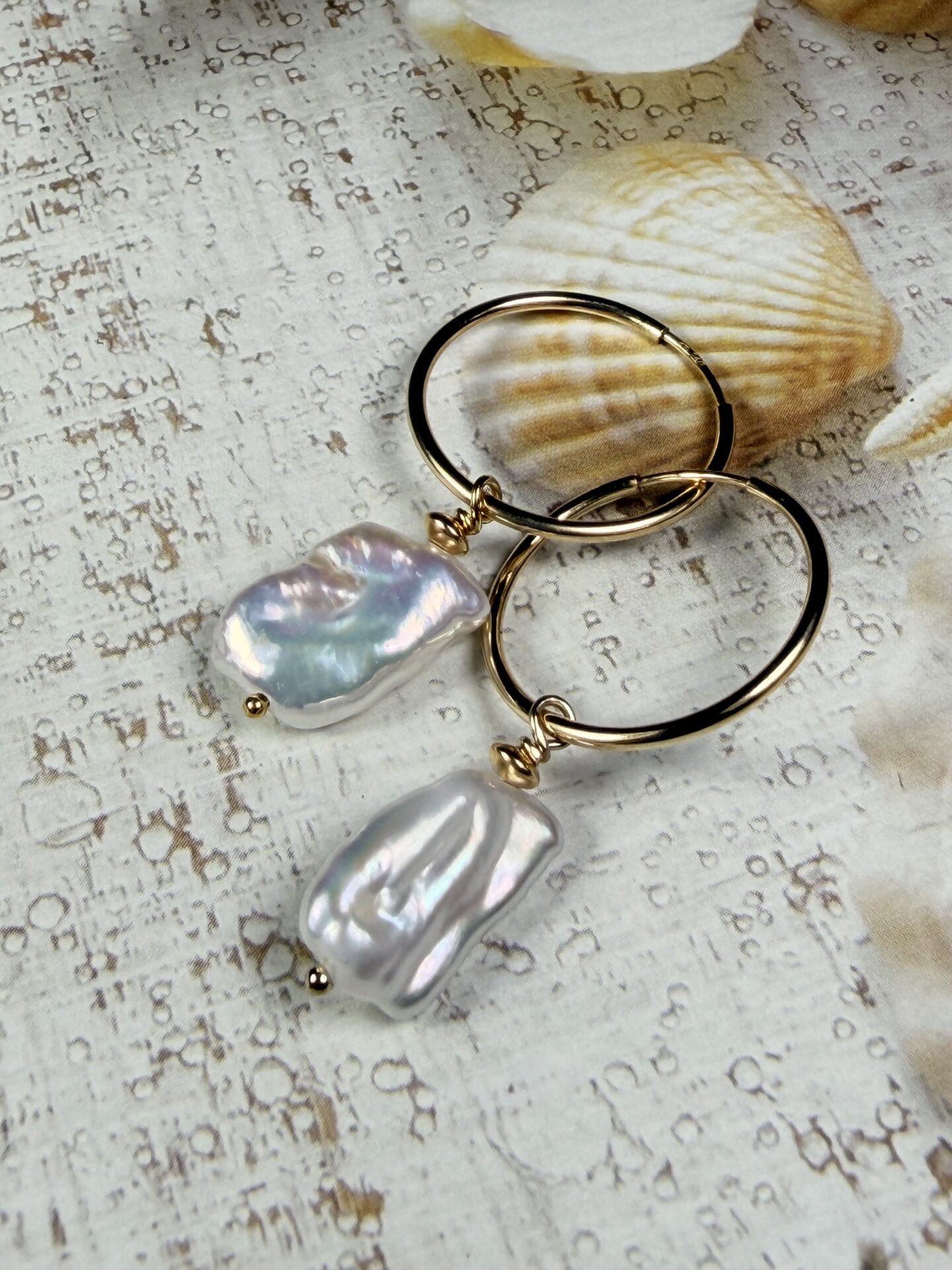 White Pearl Keshi Gold Filled Hoops - Image 2