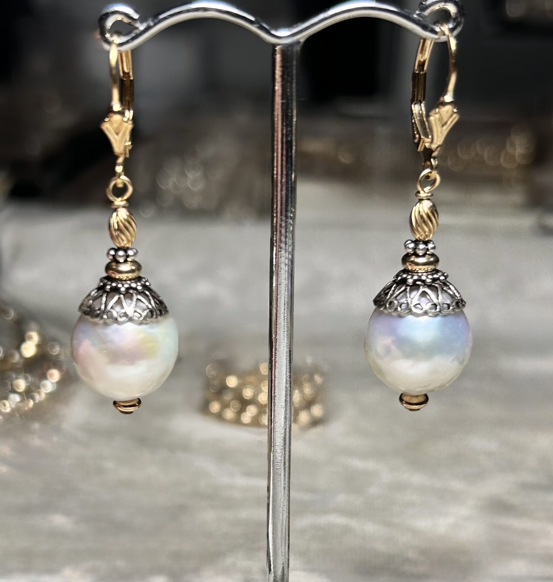 Galadriel Pearl Two Tone Gold Filled Lever Back Earrings - Image 2